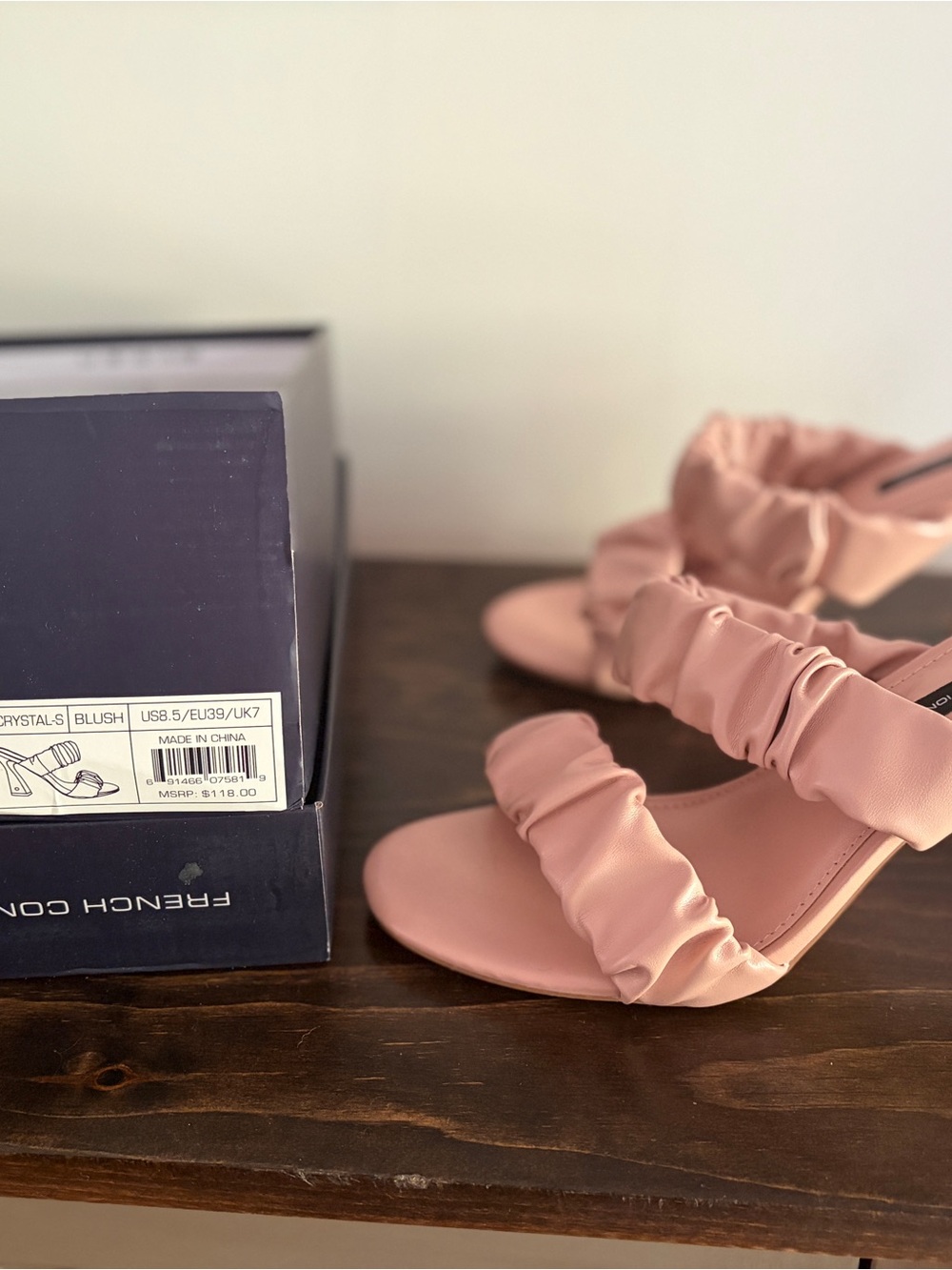 NWT French Connection Crystal Ruched Heel Sandals in Blush Pink - Size 8.5